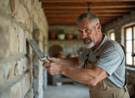 Homme en overalls appliquant du plâtre sur un mur en pierre dans une maison rurale