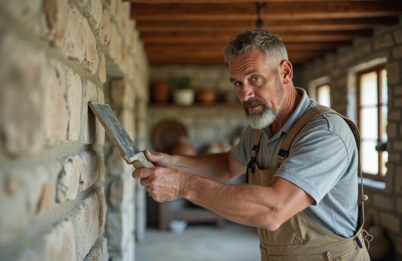 Homme en overalls appliquant du plâtre sur un mur en pierre dans une maison rurale