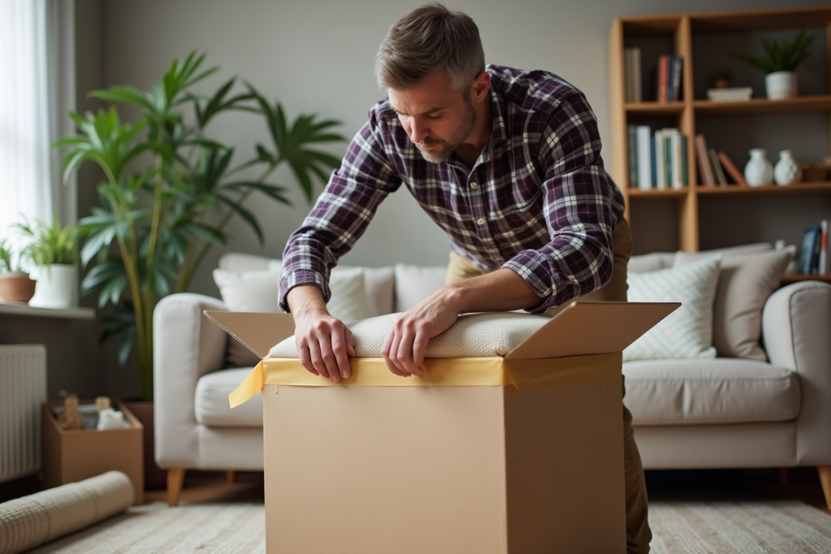 Homme scellant une grande boîte avec des objets de décoration