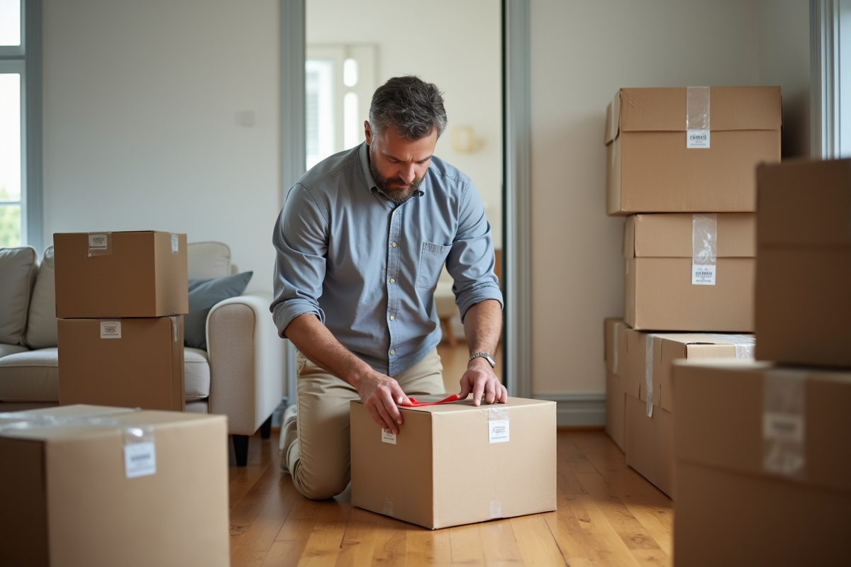 Homme scotchant une caisse de déménagement dans un salon organisé