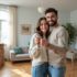 Jeune couple souriant avec clés dans un intérieur moderne