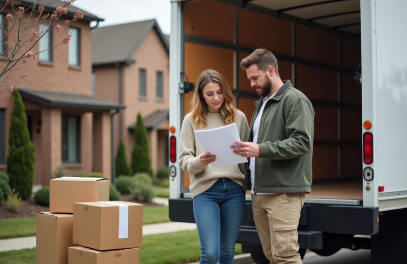Jeune couple préparant leur déménagement devant un camion