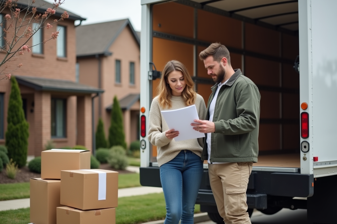 Jeune couple préparant leur déménagement devant un camion