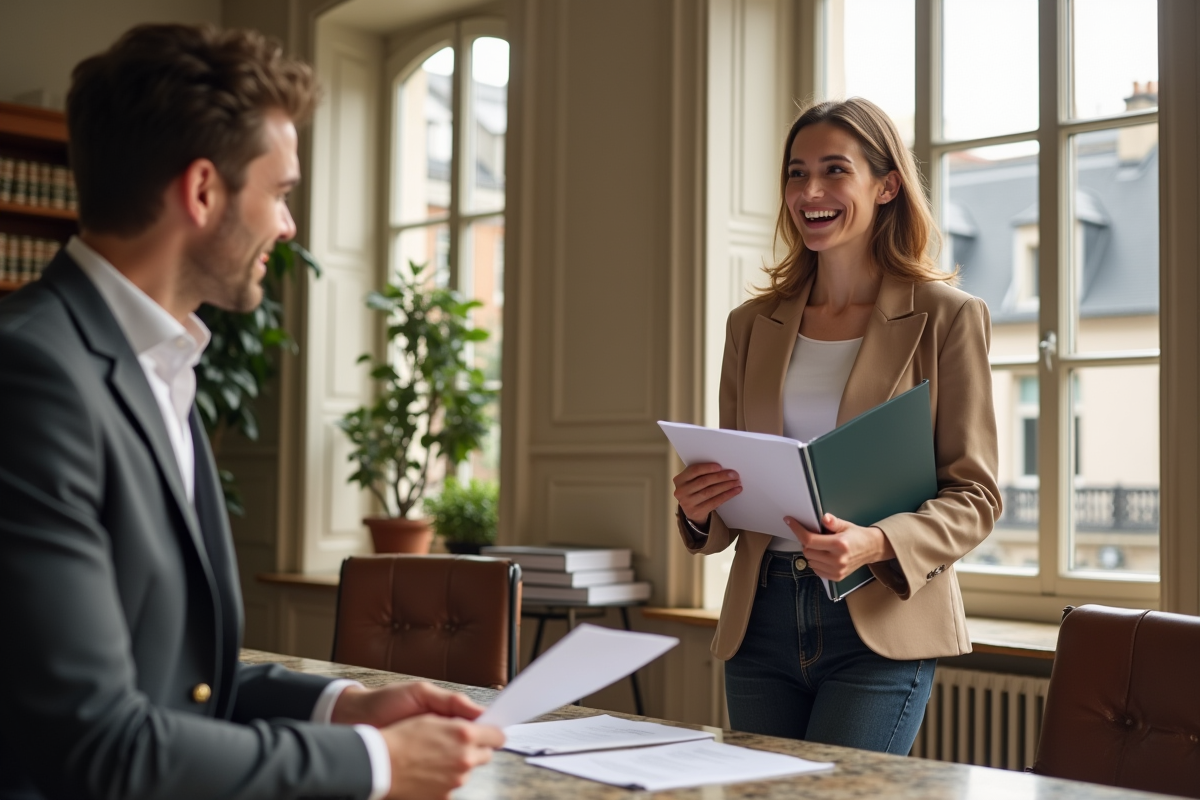 Jeune femme discutant avec un conseiller dans un bureau parisien