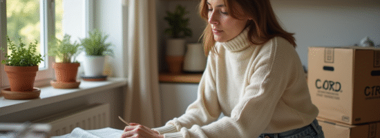 Jeune femme emballant des assiettes dans une cuisine chaleureuse