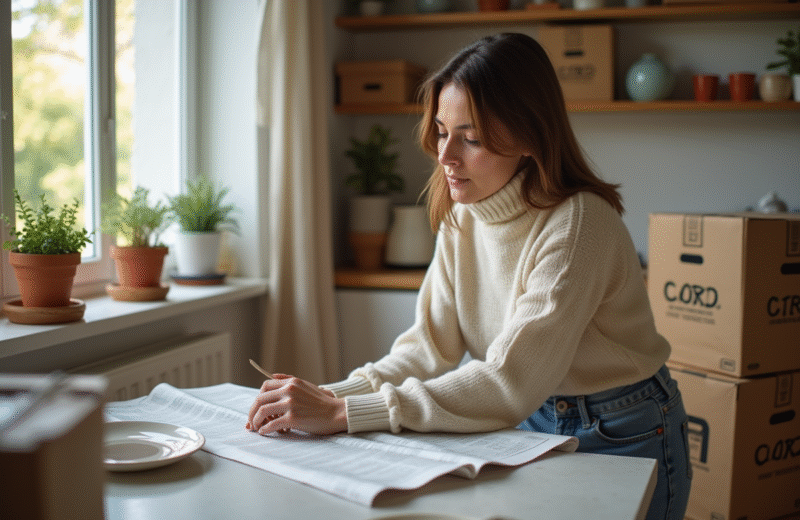 Jeune femme emballant des assiettes dans une cuisine chaleureuse