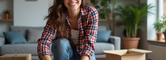 Jeune femme souriante en train d'emballer une box de déménagement
