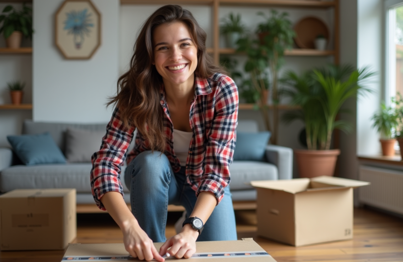 Jeune femme souriante en train d'emballer une box de déménagement