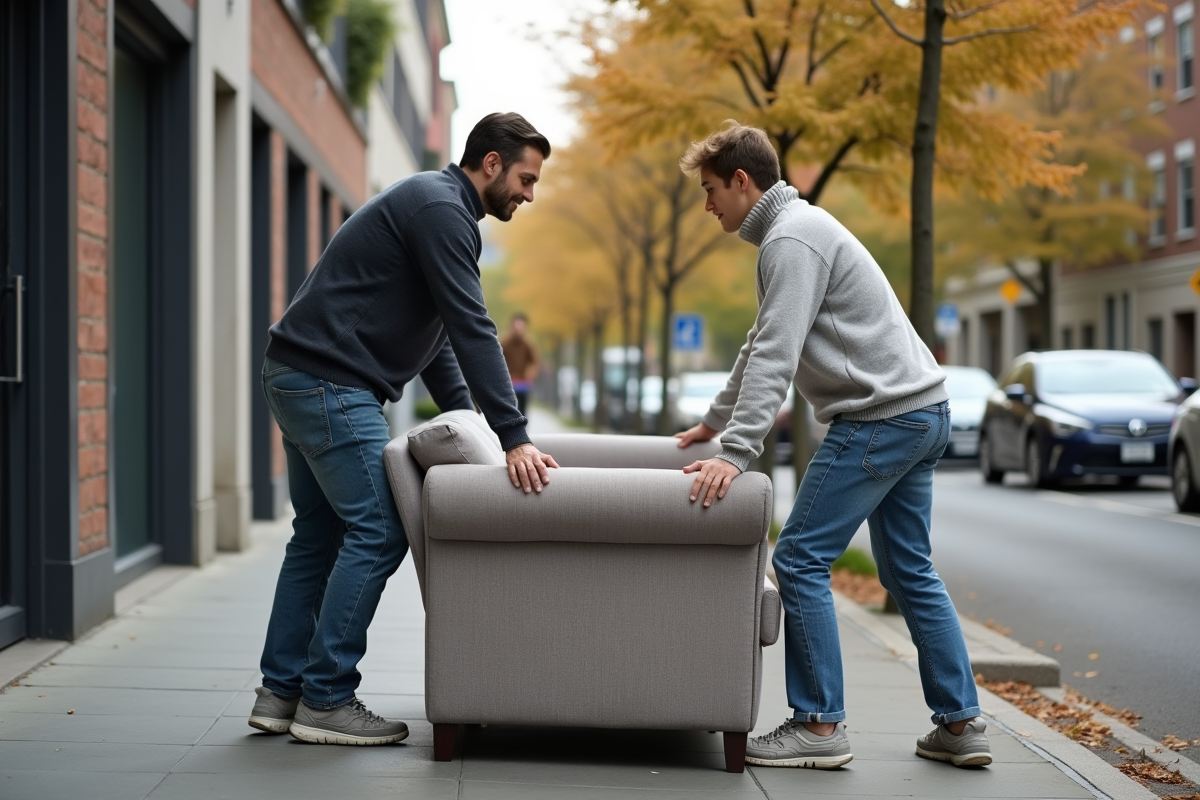 Père et fils portant un canapé dans la rue lors d