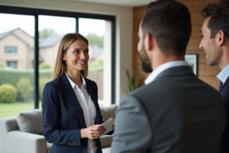 Agent immobilier confiante discutant avec un couple dans un salon moderne