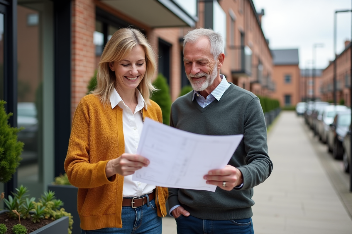 Couple souriant devant un immeuble résidentiel neuf