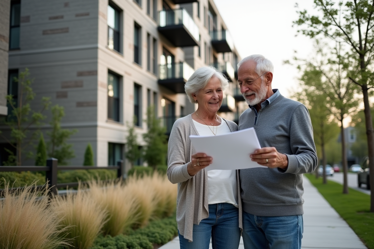 Couple mature consultant une brochure immobilière en extérieur