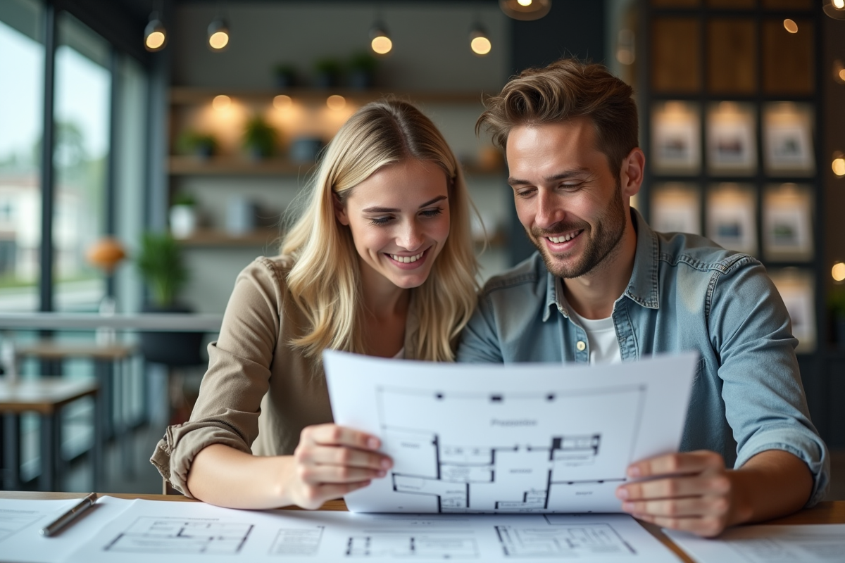 Jeune couple examinant un plan immobilier dans un bureau moderne
