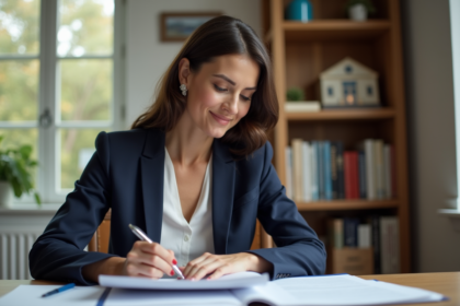 Femme d'affaires en bureau examinant des documents immobiliers