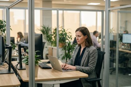 Femme en bureau moderne travaillant sur son ordinateur