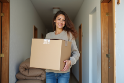 Jeune femme avec cartons dans le couloir d'un appartement