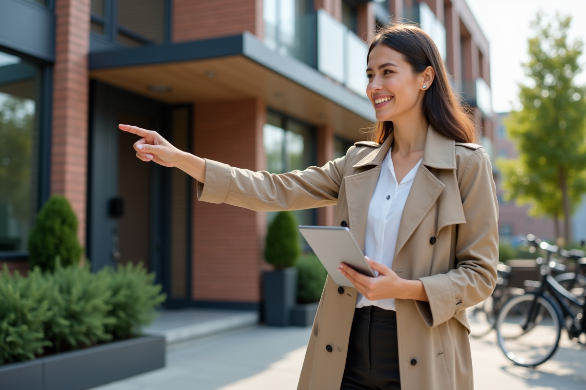 Femme confiante pointant vers un bâtiment résidentiel moderne