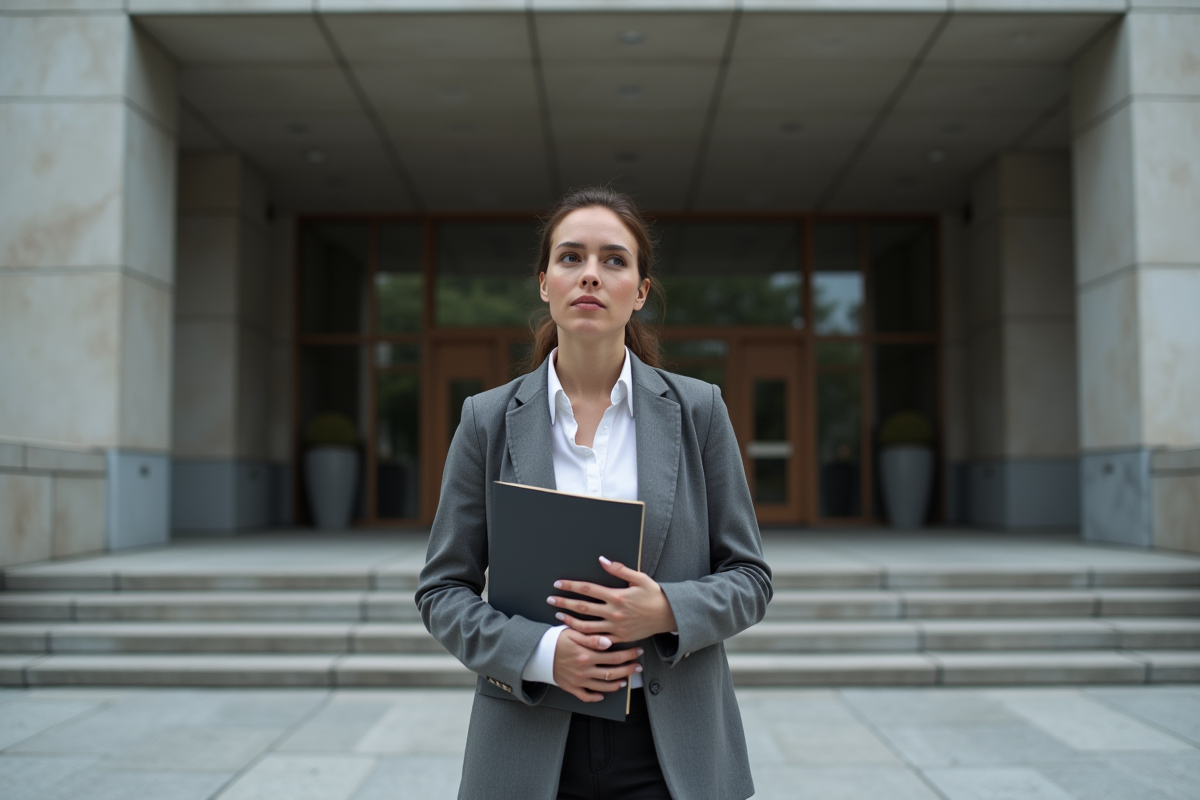 Jeune femme en business devant un tribunal moderne