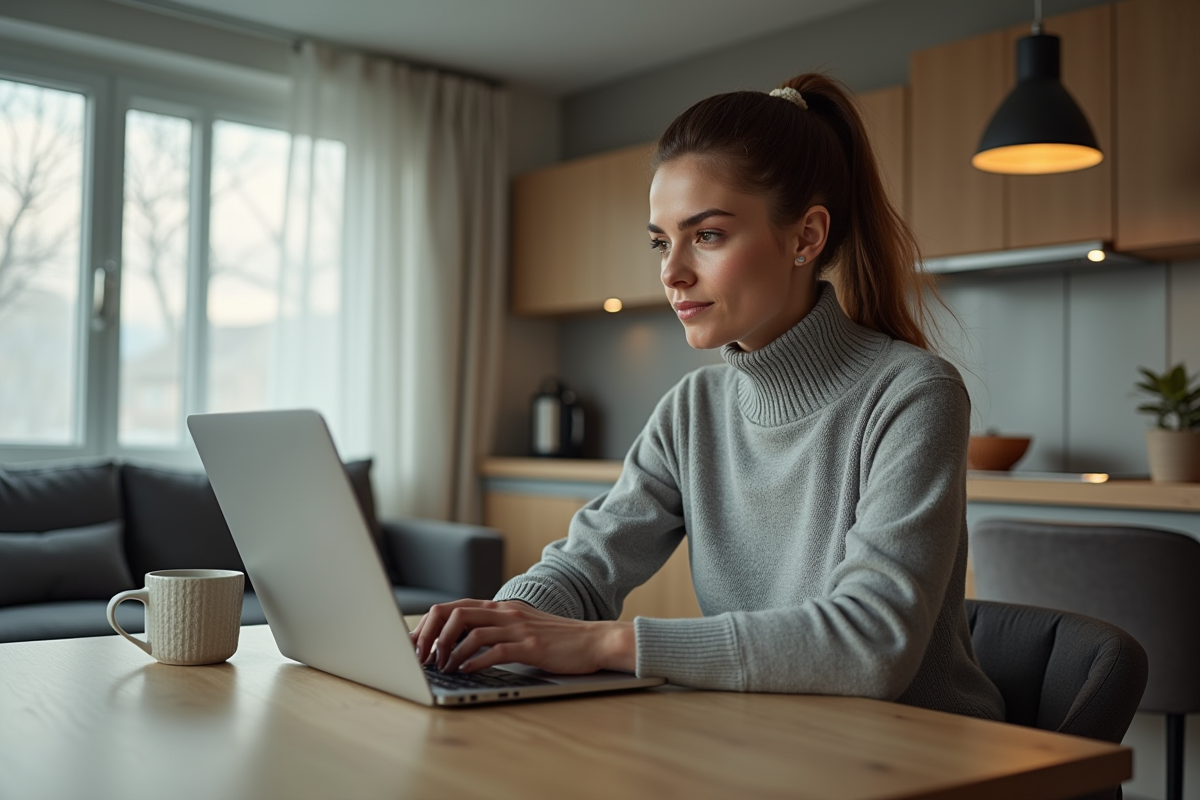 Jeune femme utilisant son ordinateur dans la cuisine