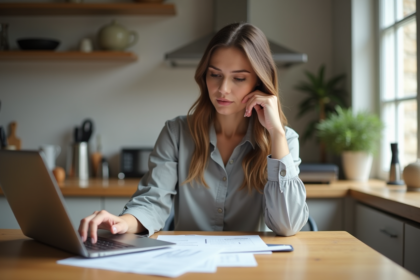 Femme en tenue professionnelle examine des documents à la maison