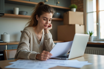 Femme concentrée à son bureau pour ses dépenses de déménagement