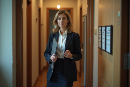Femme d'affaires dans un couloir d'appartement urbain