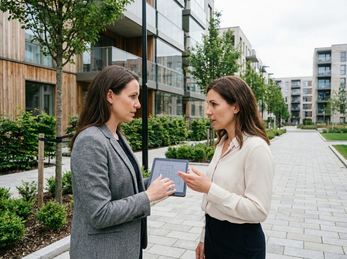 Deux femmes professionnelles discutant devant un immeuble résidentiel