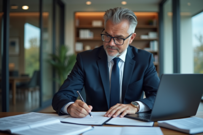 Homme d'affaires en costume examinant des documents immobiliers