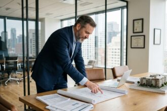 Homme d'affaires réfléchissant à des stratégies pour un projet immobilier