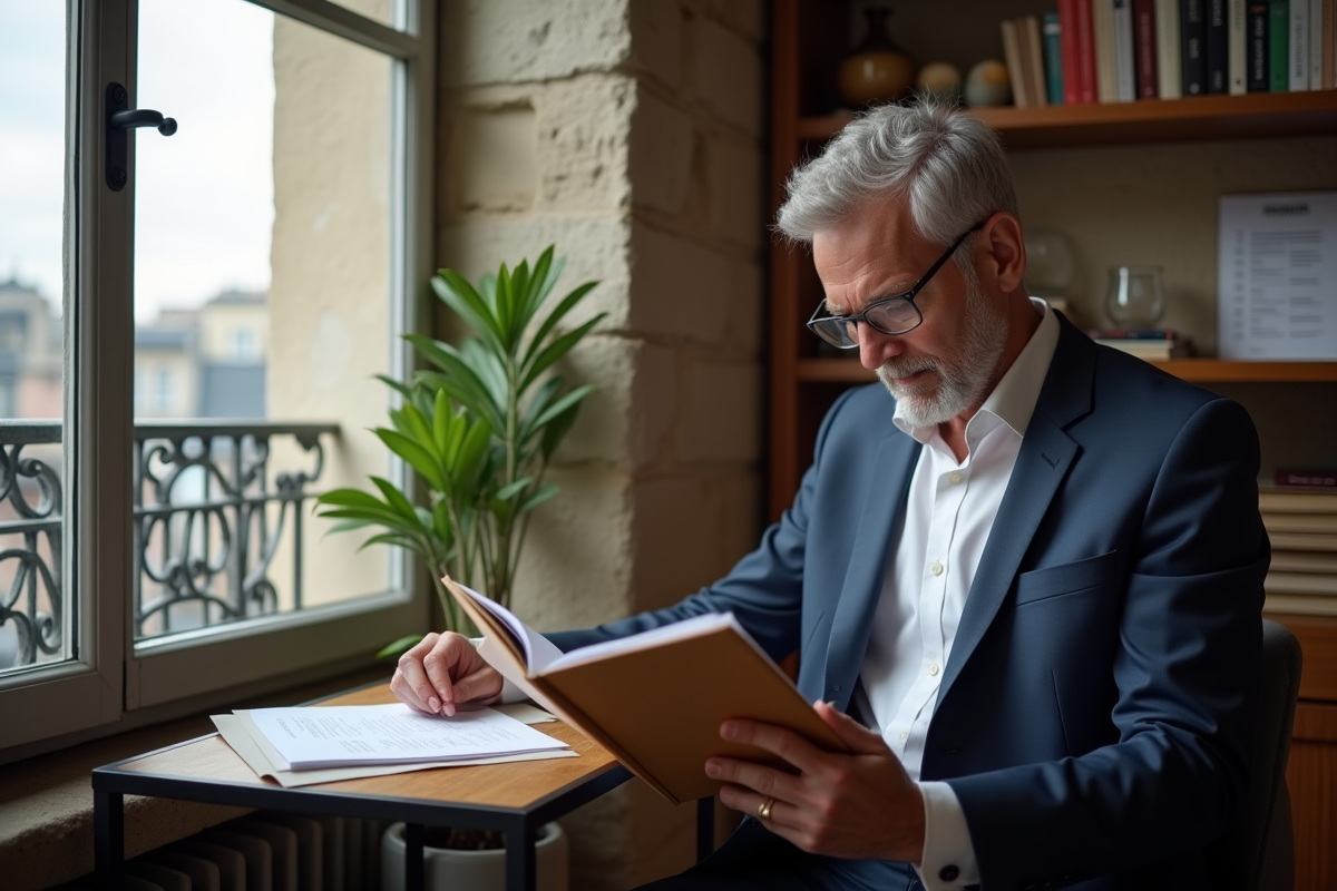 Homme professionnel lisant un document dans un appartement parisien