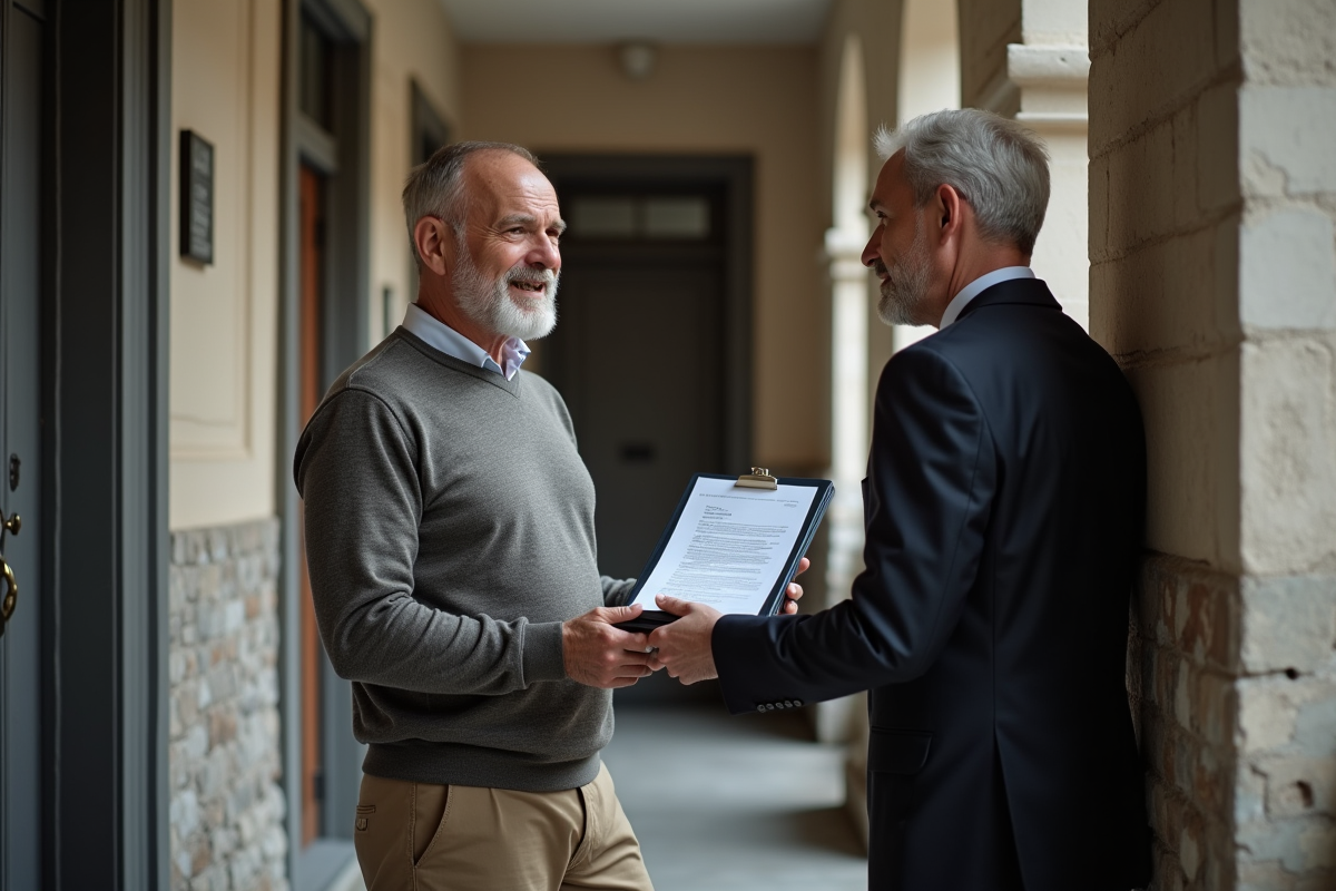 Homme remet un dossier de papiers à un propriétaire dans un couloir