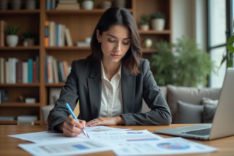 Jeune femme examine des documents de location dans un appartement