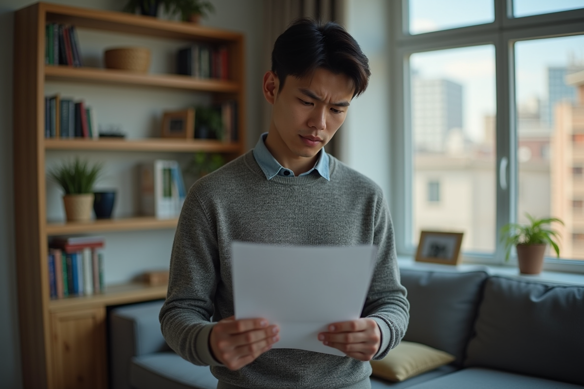 Jeune homme lisant un document dans un salon