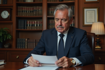 Notaire en costume navy dans son bureau classique