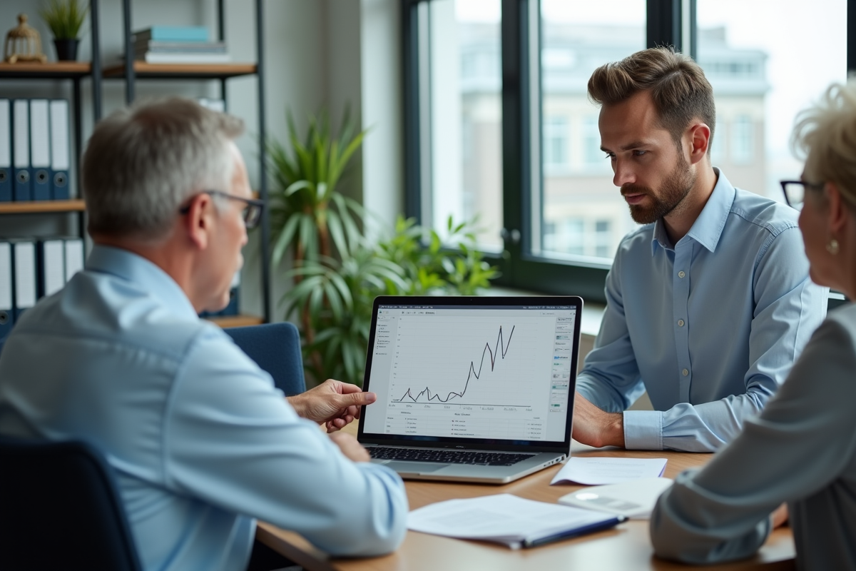 Agent immobilier expliquant un prix de maison à un couple