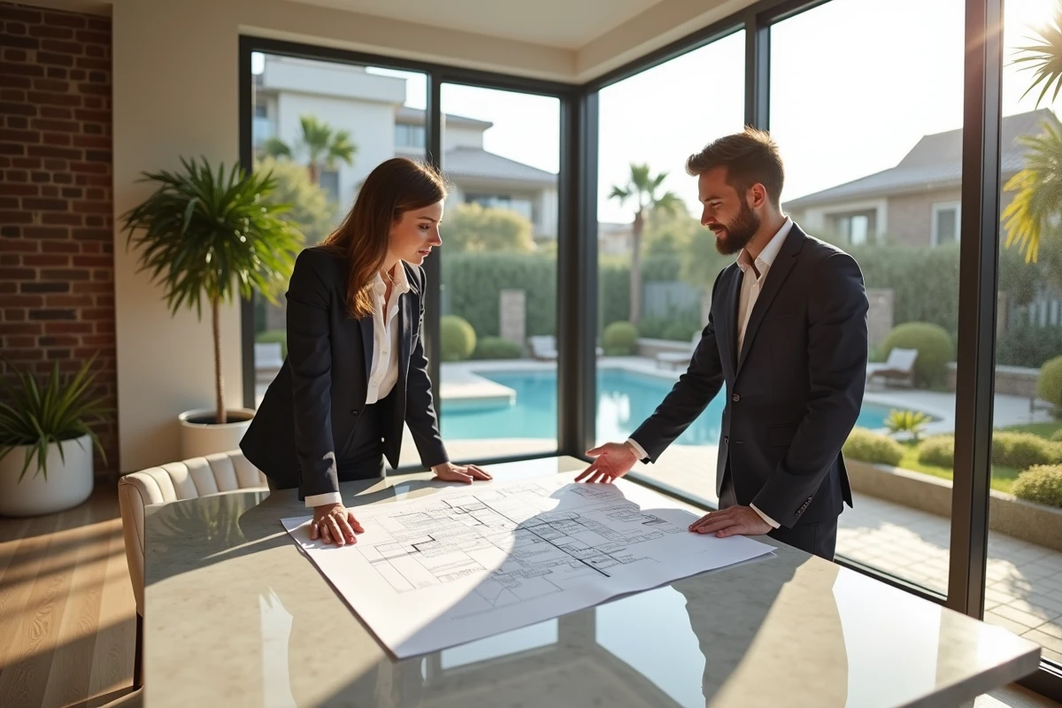 Consultants immobiliers discutant plans dans penthouse lumineux