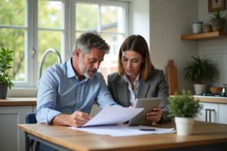 Couple d'adultes examinant des documents immobiliers à la maison