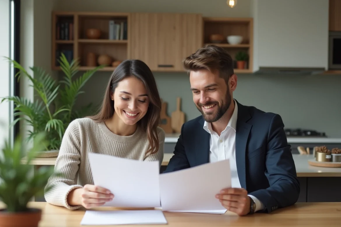 Couple en train de lire des documents de prêt immobilier dans un salon lumineux