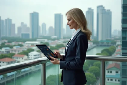 Femme d affaires en costume sur balcon avec vue urbaine
