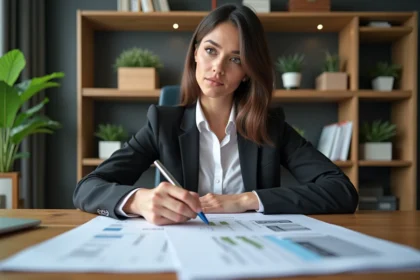 Femme d'affaires examinant des documents immobiliers