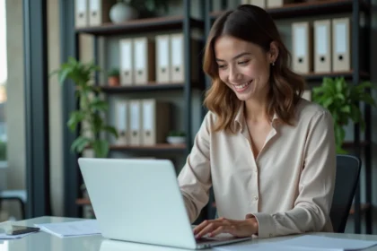 Jeune femme au bureau gérant des documents numériques