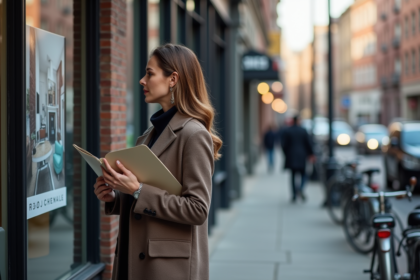Femme d affaires regardant une annonce immobiliere en ville