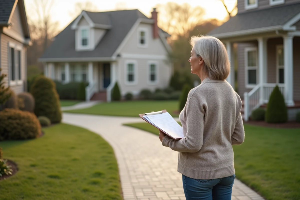 Femme regardant une maison dans un quartier résidentiel