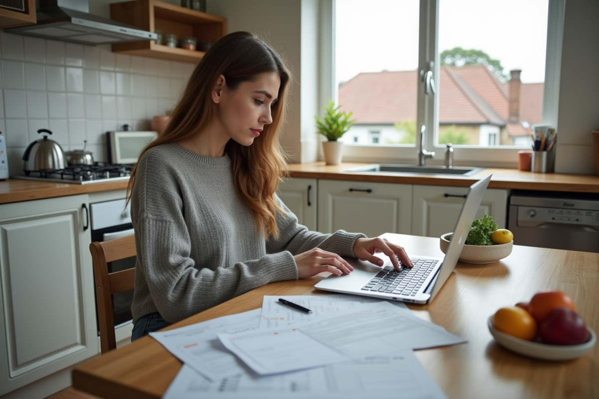 Jeune femme utilisant un ordinateur dans la cuisine pour ses finances