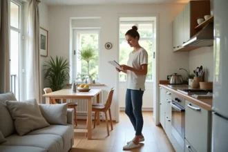 Femme vérifiant une checklist dans un appartement moderne