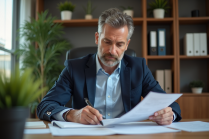 Homme d'affaires en bureau lisant des documents financiers