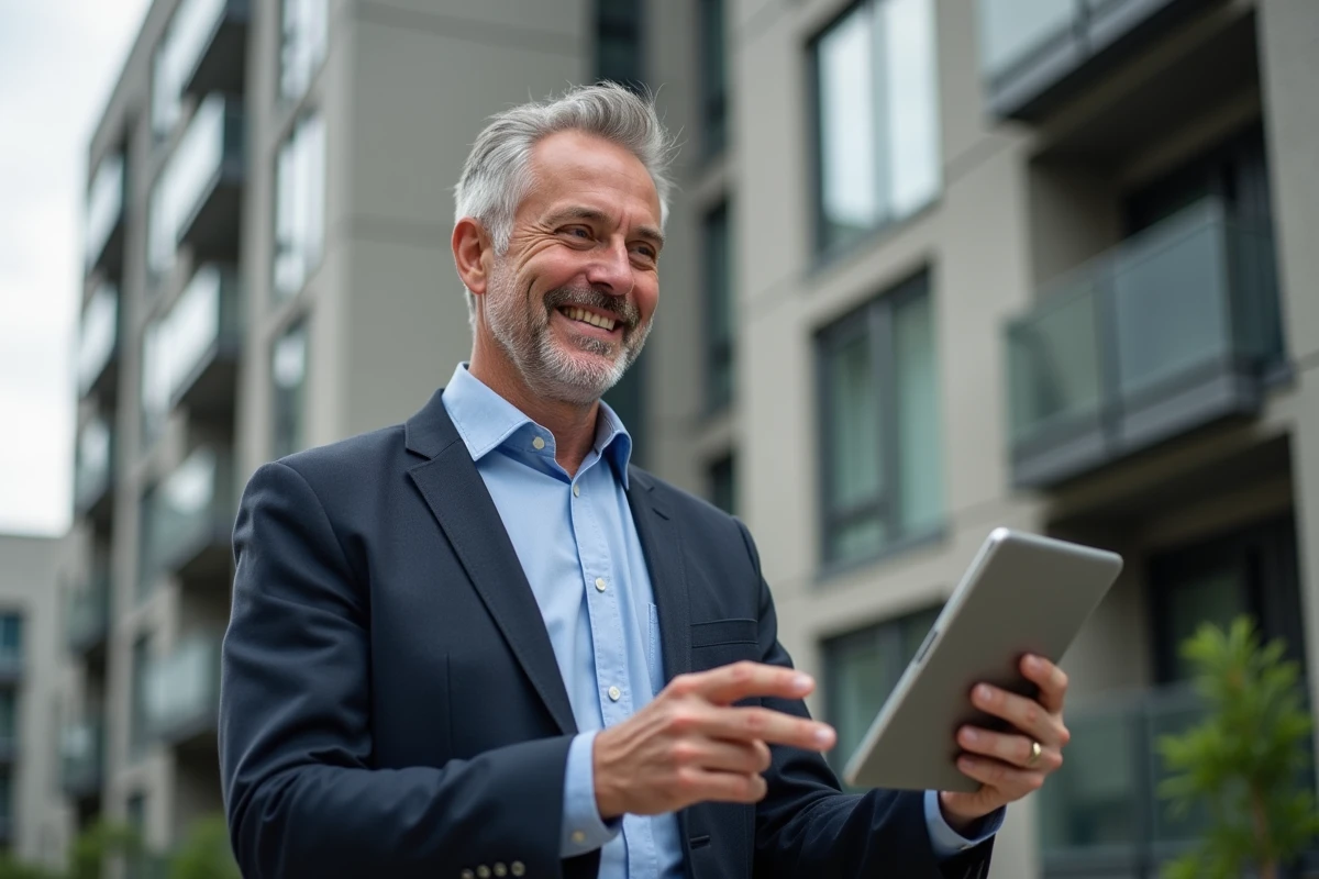 Homme souriant présentant des données immobilières sur une tablette