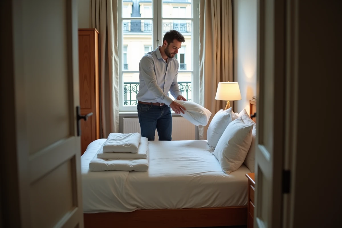 Jeune homme arrangeant des draps dans une chambre parisienne