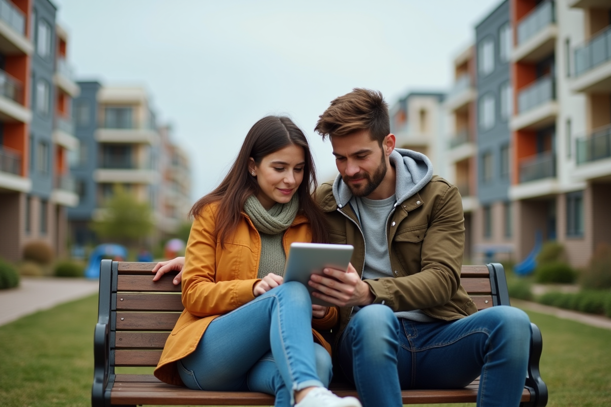 Jeune couple assis sur un banc dans un parc suburbain