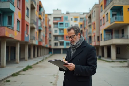 Architecte en sketch dans la cité Picasso avec bâtiments géométriques